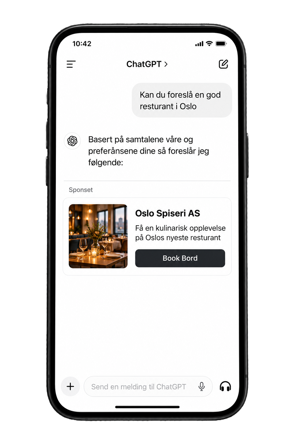 Telefon som viser en sponset restaurantannonse i en ChatGPT-samtale.